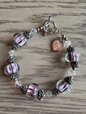 Purple Glass Bead Heart Charm Bracelet with Swarovski Crystals